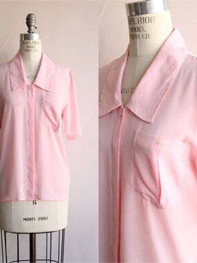 Vintage 1980s Blouse, Pink Dagger Collar with Pocket, Size 8